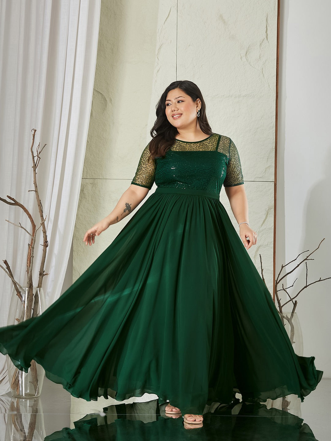 Dark Green Relaxed Fit Maxi Georgette & Sequins Dress for Women