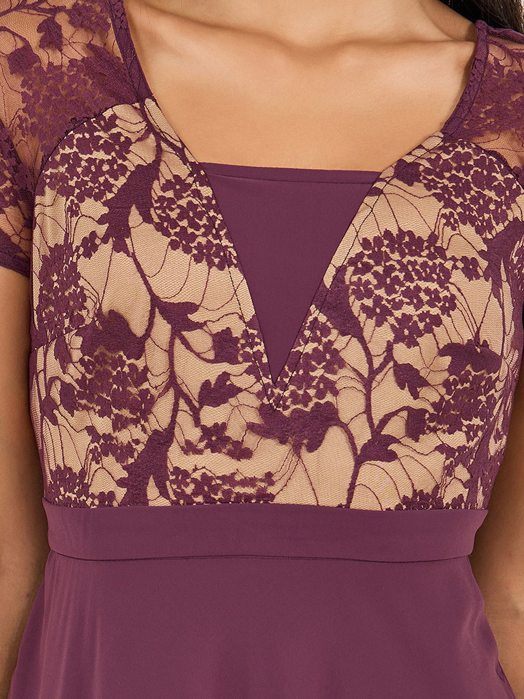 Women's Mauve Square-Neck Raglan-Sleeve Self-Designed Flared Georgette Maxi Dress