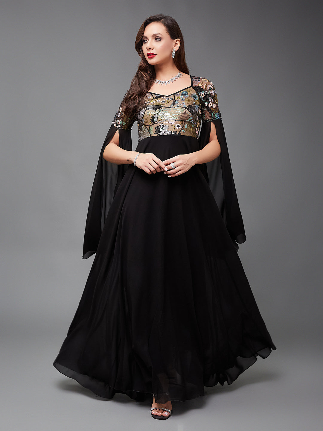 Women's Black Sweet-Heart Full Sleeve Embellished Slit Sleeve Maxi Georgette Dress