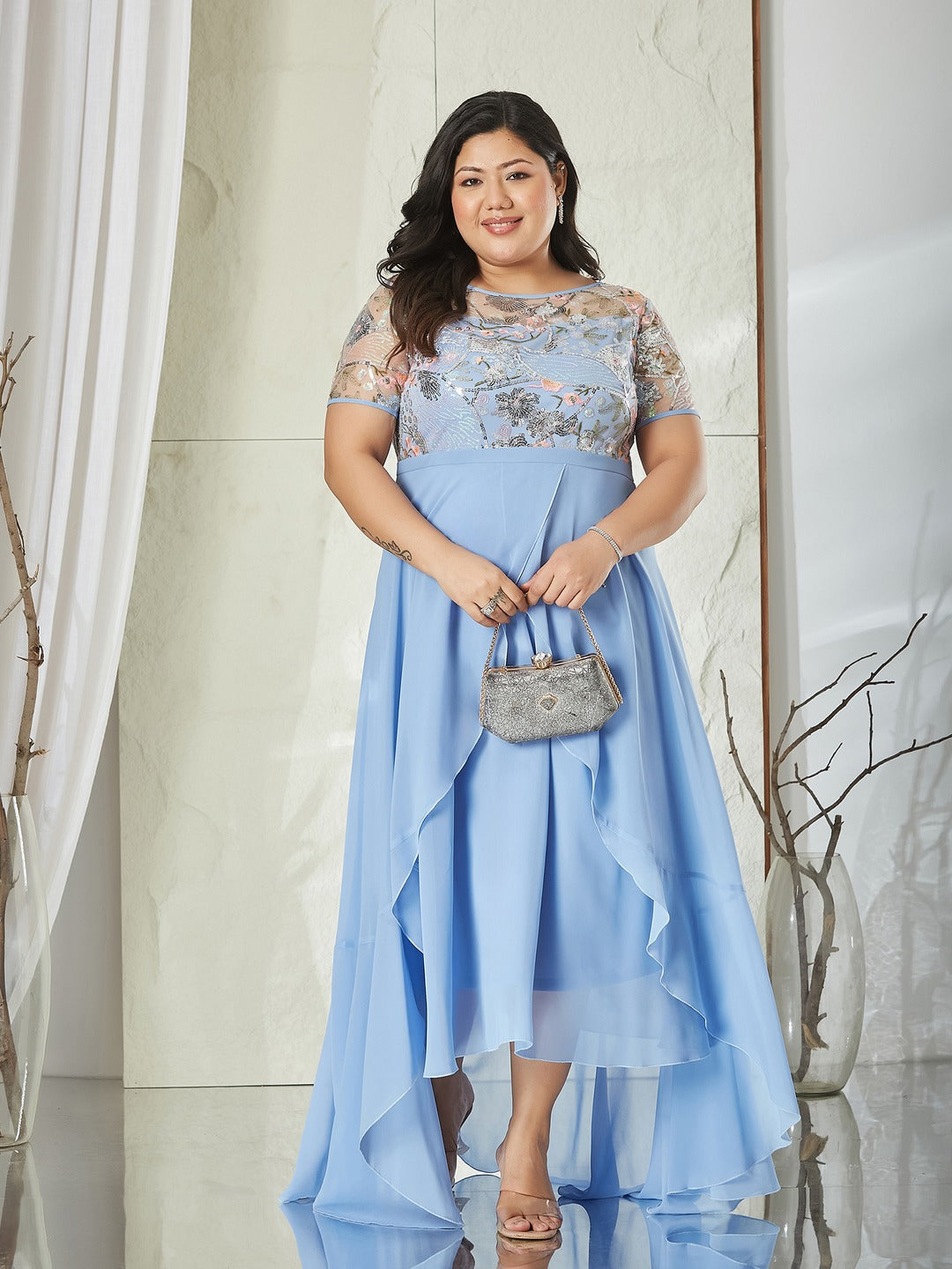 Sky Blue Round Neck Short Sleeve Floral Layered Georgette Midi Dress for Women
