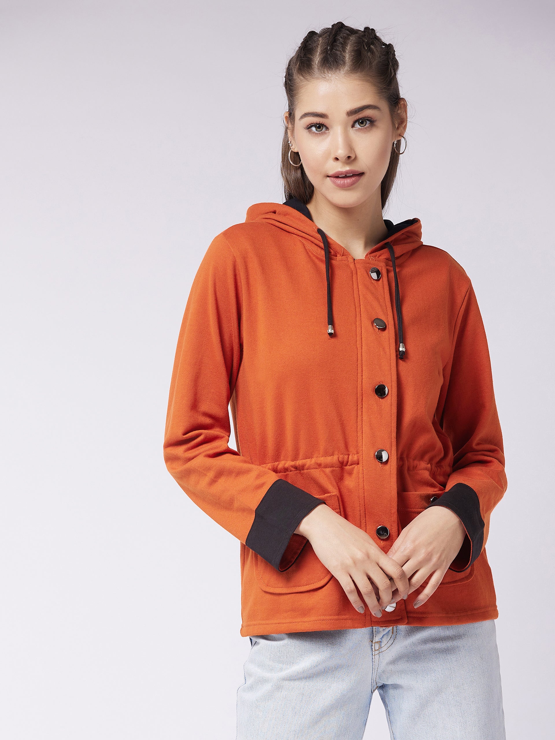 Women's Multicolored-Base-Rust Hooded Full Sleeve Solid Waist Tie-Up Regular Jacket