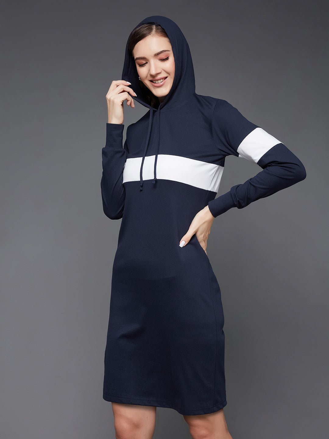 Women's Navy Blue and White Round Neck Full Sleeve Solid Knee-Long Hooded Dress