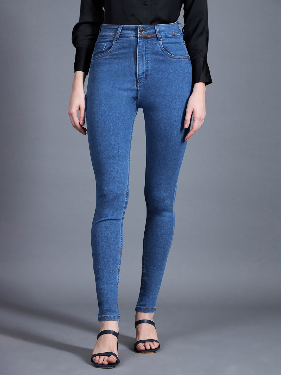 Women's Blue Skinny High Rise Distressed Regular Length Denim Jeans