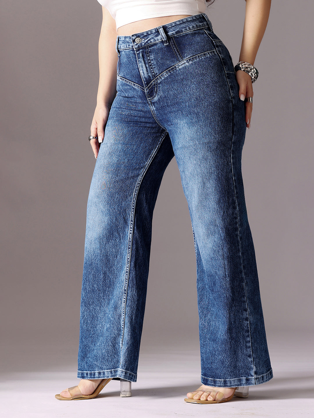 Tummy Smoothening Light-Shaping Wide-Leg High-Rise Mid-Blue Denim Jeans with Boning Technology