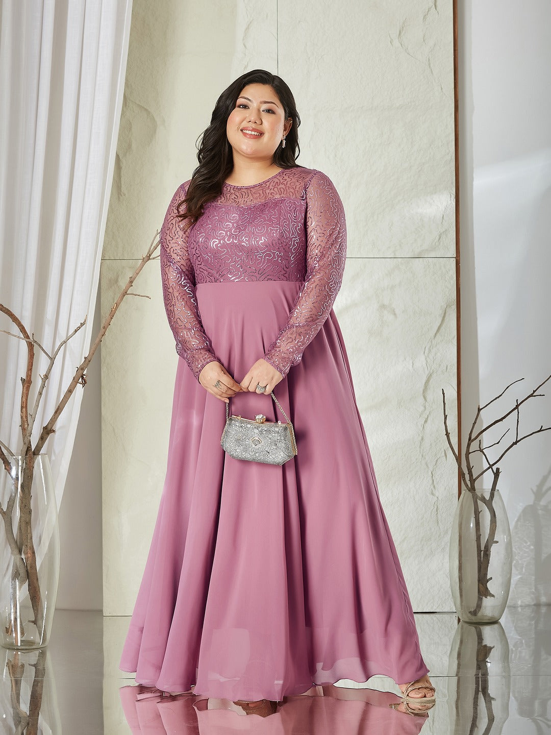 Dusty Lavender Solid Embellished Maxi Dress for Women