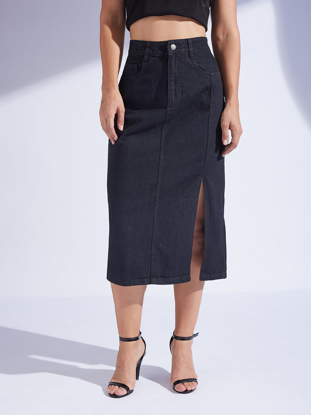 Women's Black Straight-Fit High-Rise Stretchable Denim Midi Skirt