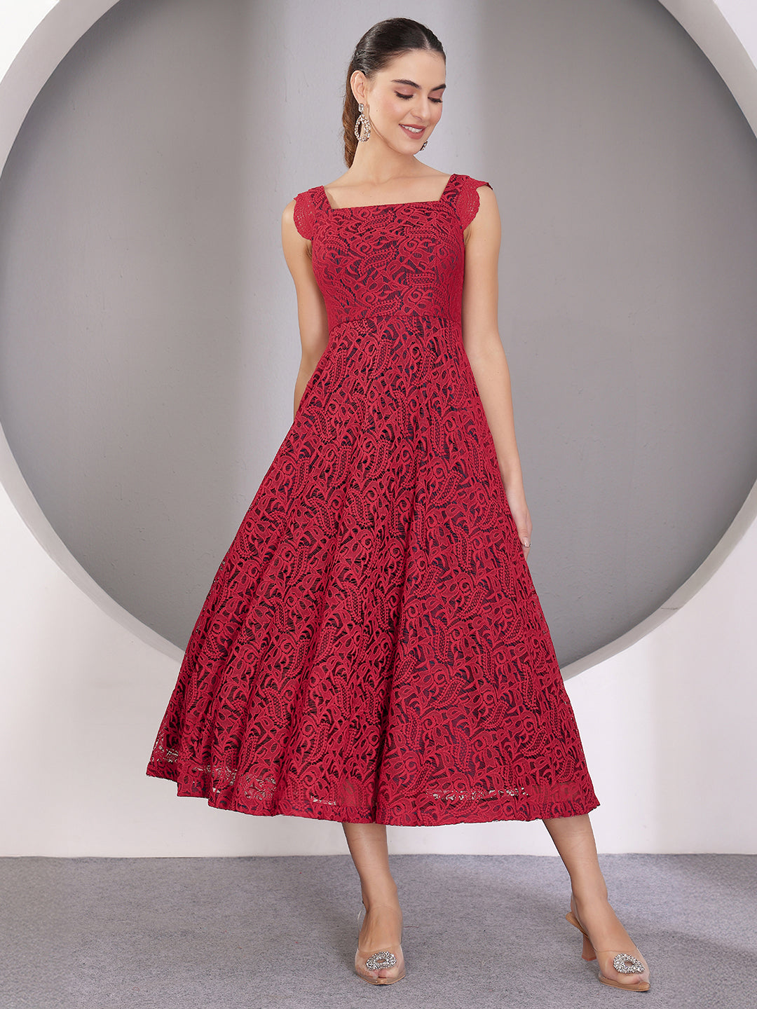 Maroon Square Neck Sleeveless Self-Designed Ruffled Midi Lace Dress for Women