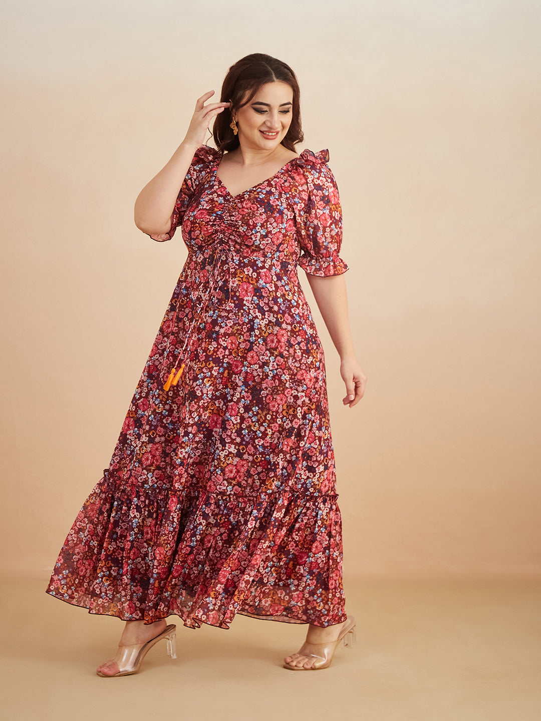 Multicolored-Base-Wine V-Neck Puff Sleeve Floral Ruching Ankle-Length Dress for Women