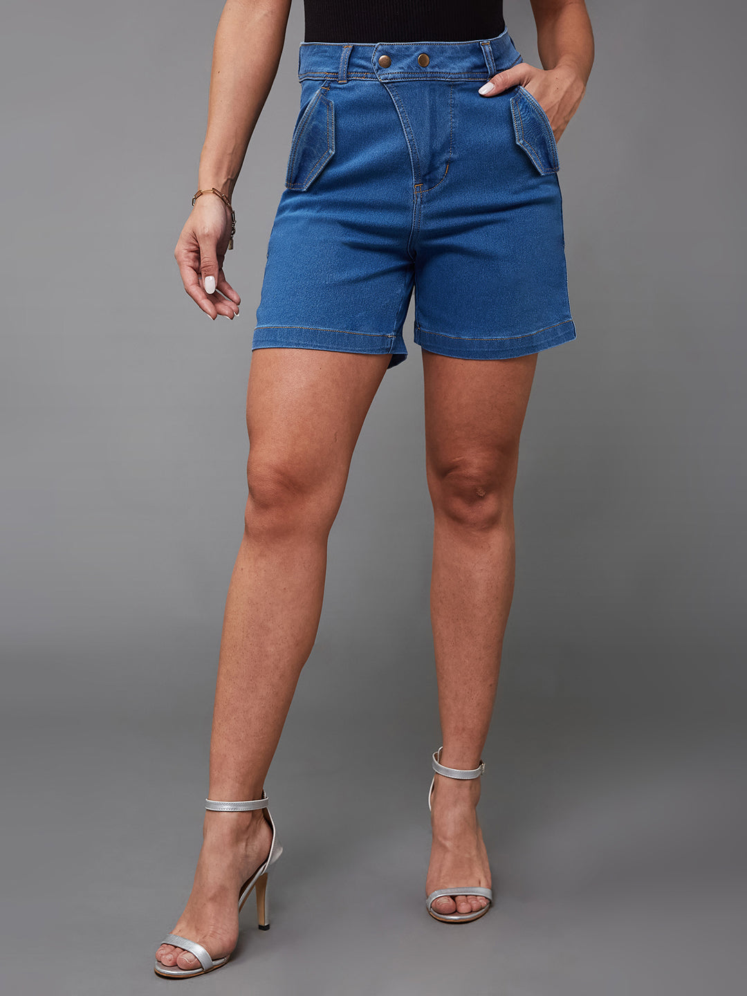 Women's Relaxed-Fit Mid-Rise Clean-Look Stretchable Blue Denim Bermuda Shorts