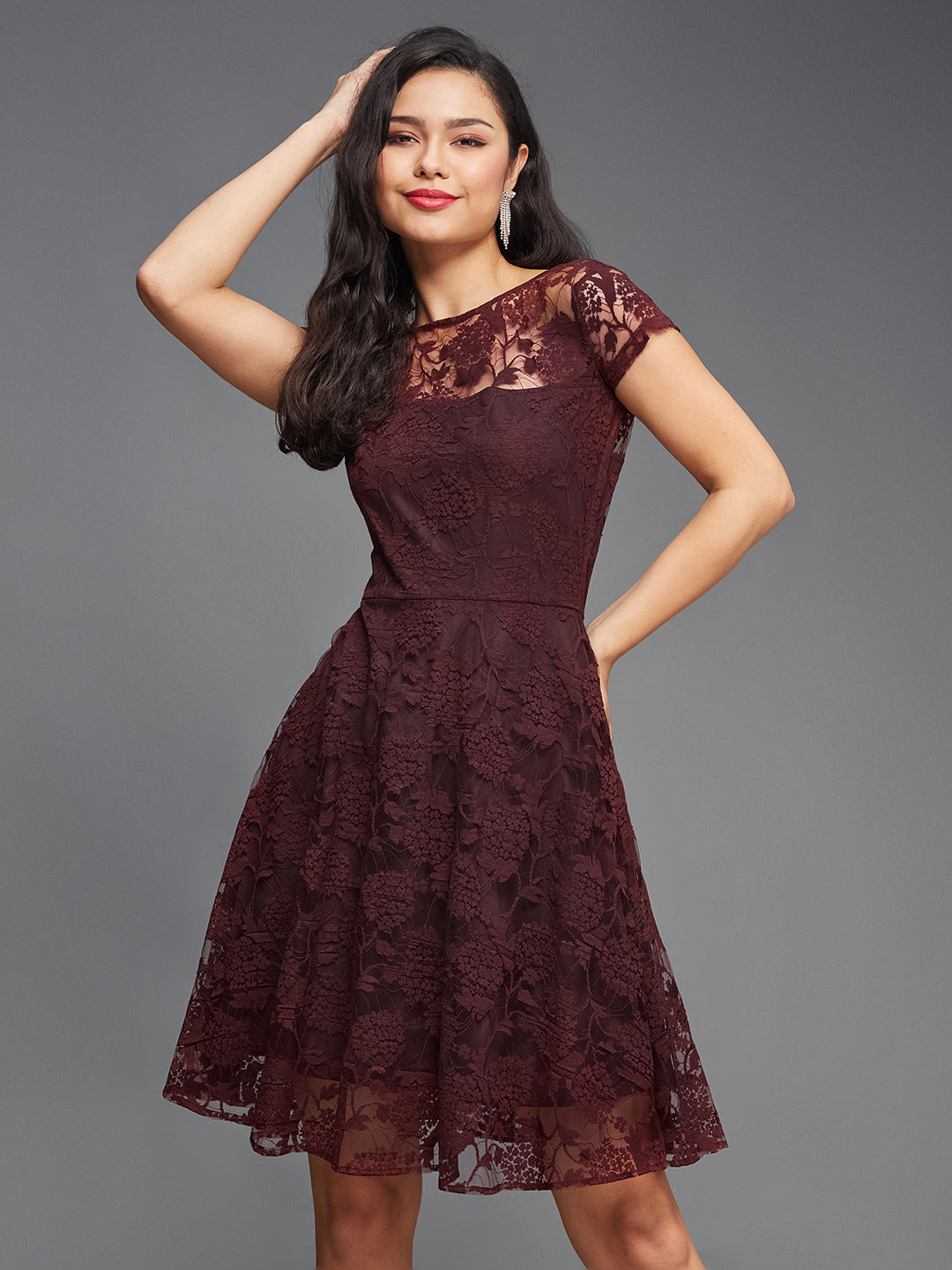 Women's Wine Round Neck Cap Sleeves Lace Knee-Long Skater Dress