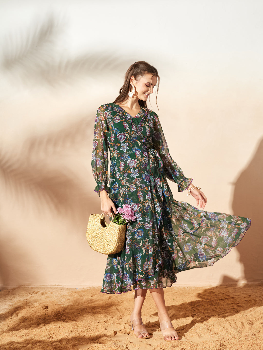 Women’s Multicolored Forest Green Bohemian Ruffled Tie-Up Midi Chiffon Dress for Women