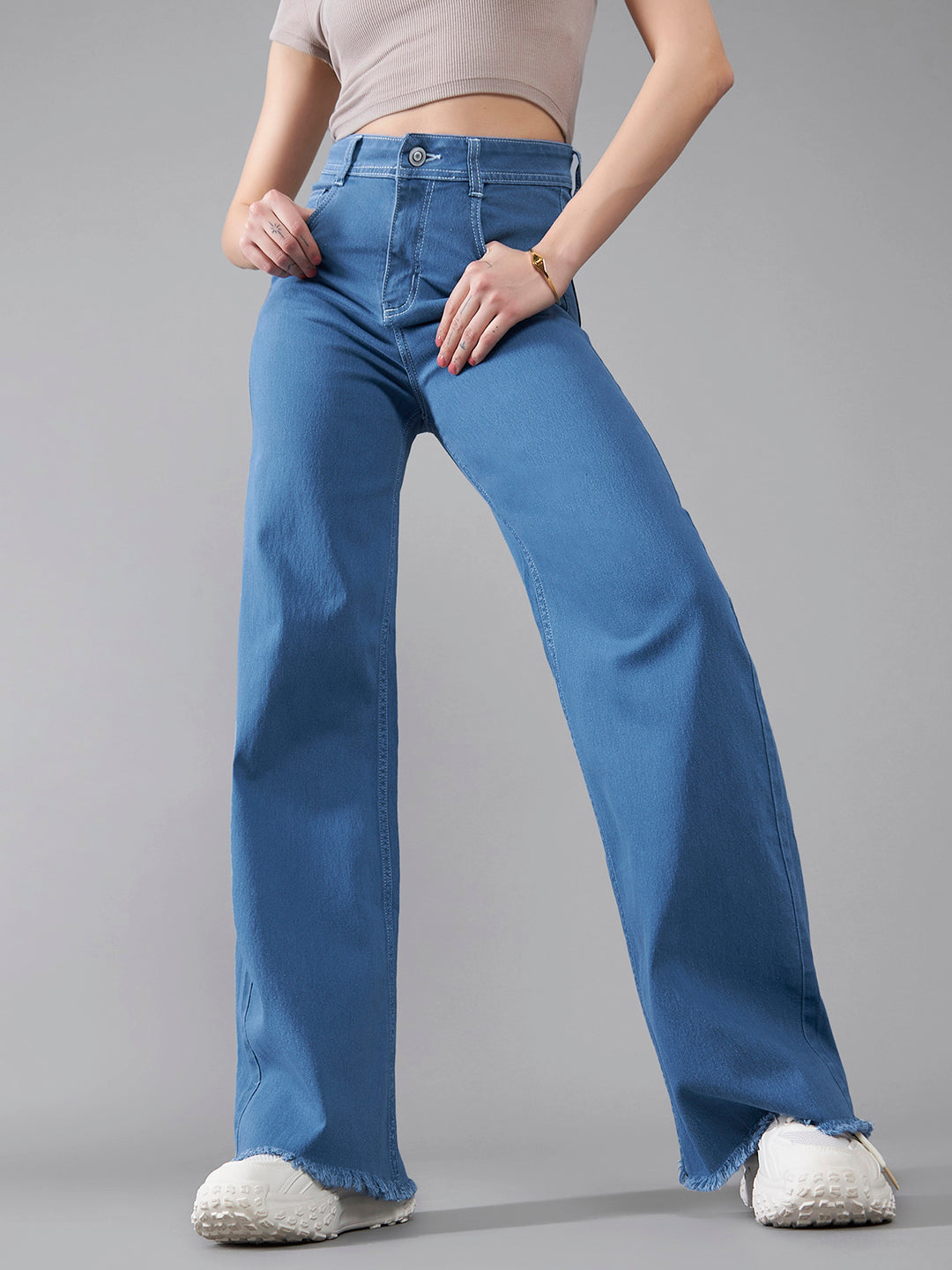 24/7 Comfort Women's Blue Wide Leg High Rise Clean Look Regular Length Stretchable Denim Jeans