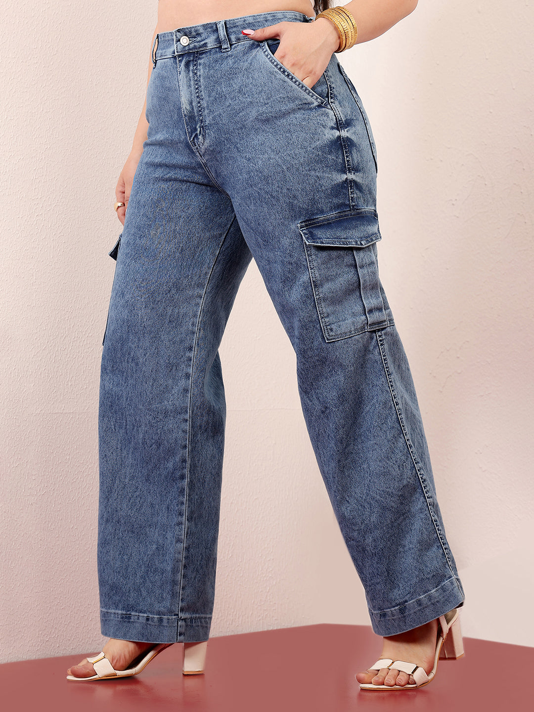 Women's Light Blue Wide-Leg High-Rise Clean-Look Stretchable Flared Cargo-Style Denim Jeans