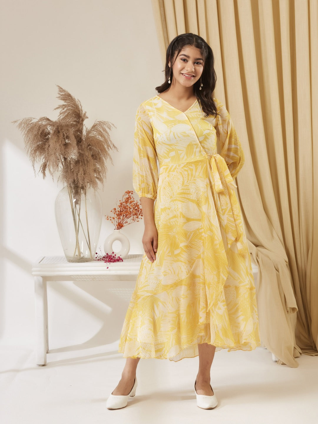 Yellow & White V neck Full sleeve Floral Layered Maxi Dress for Girls/Teenagers