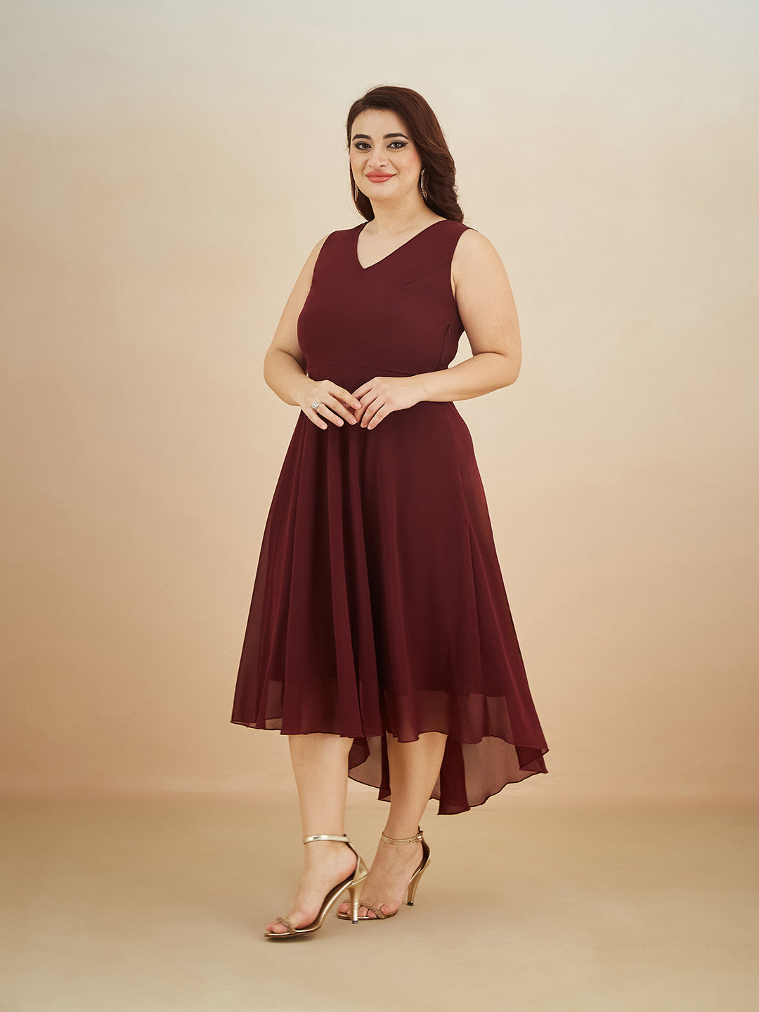 Wine Red V-Neck Sleeveless Solid High-Low Midi Skater Dress for Women