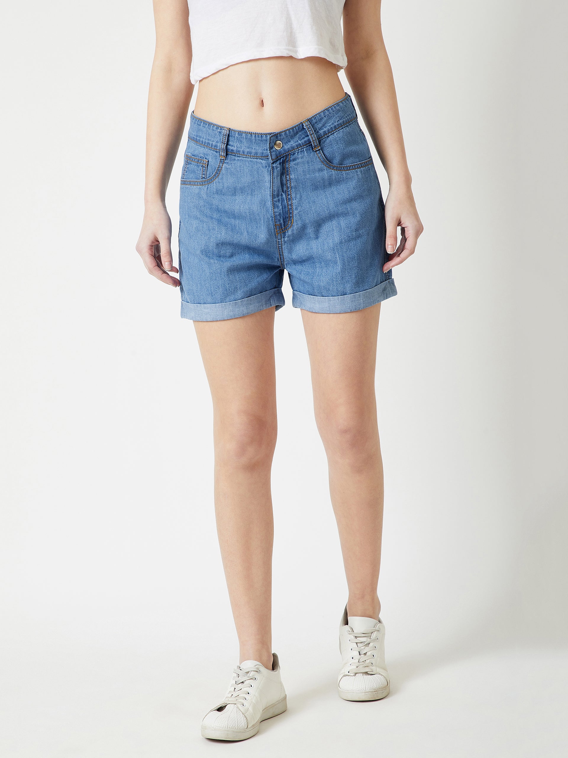 Women's Blue Relaxed Fit Light Weight Mid Rise Denim Shorts