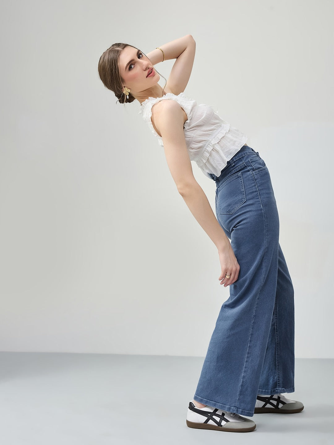 Blue Wide-Leg High-Rise Stretchable Denim Jeans for Women