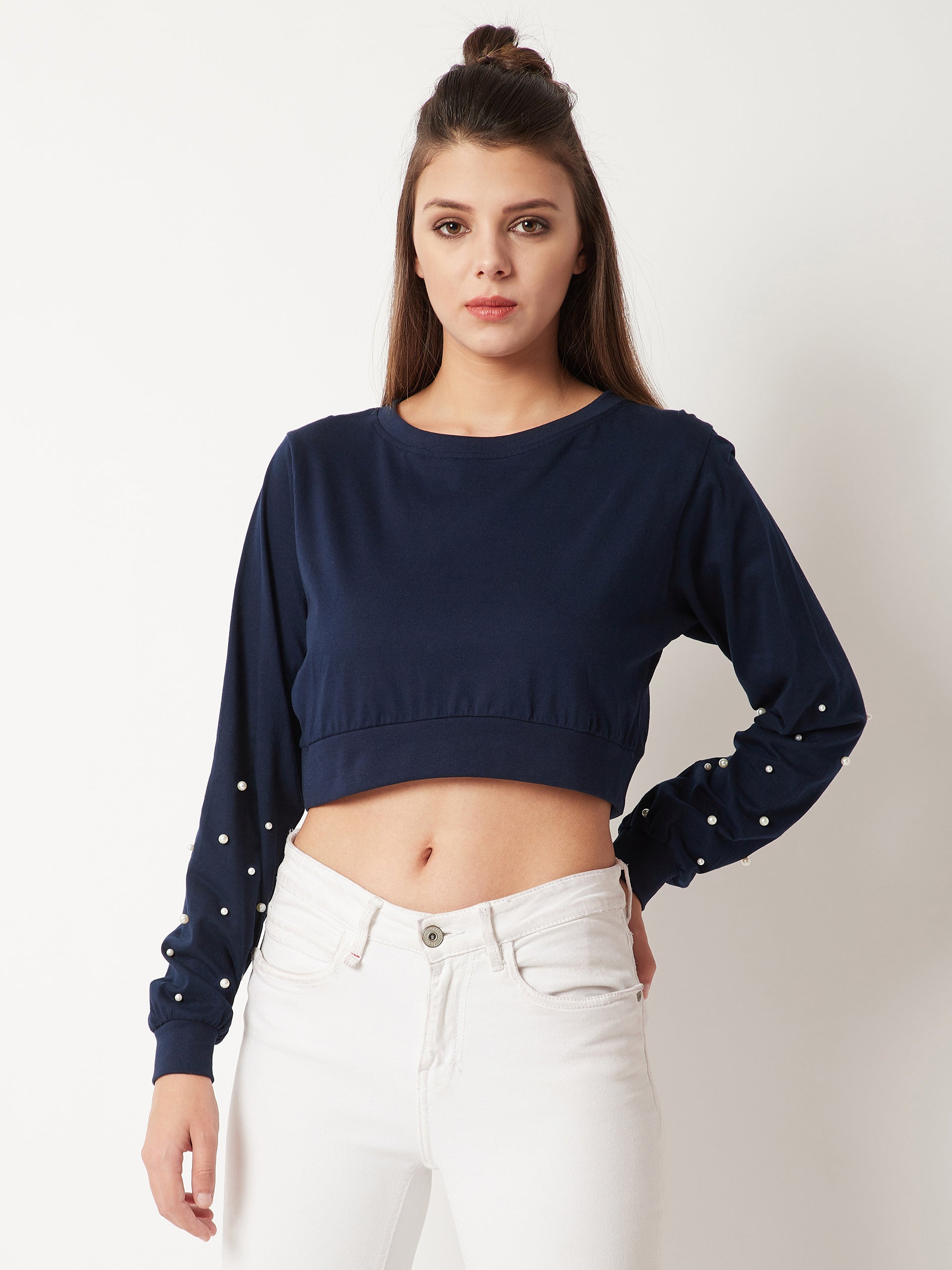 Women's Navy Blue Round Neck Full Sleeve Cotton Pearl Detailing Solid Boxy Crop Top