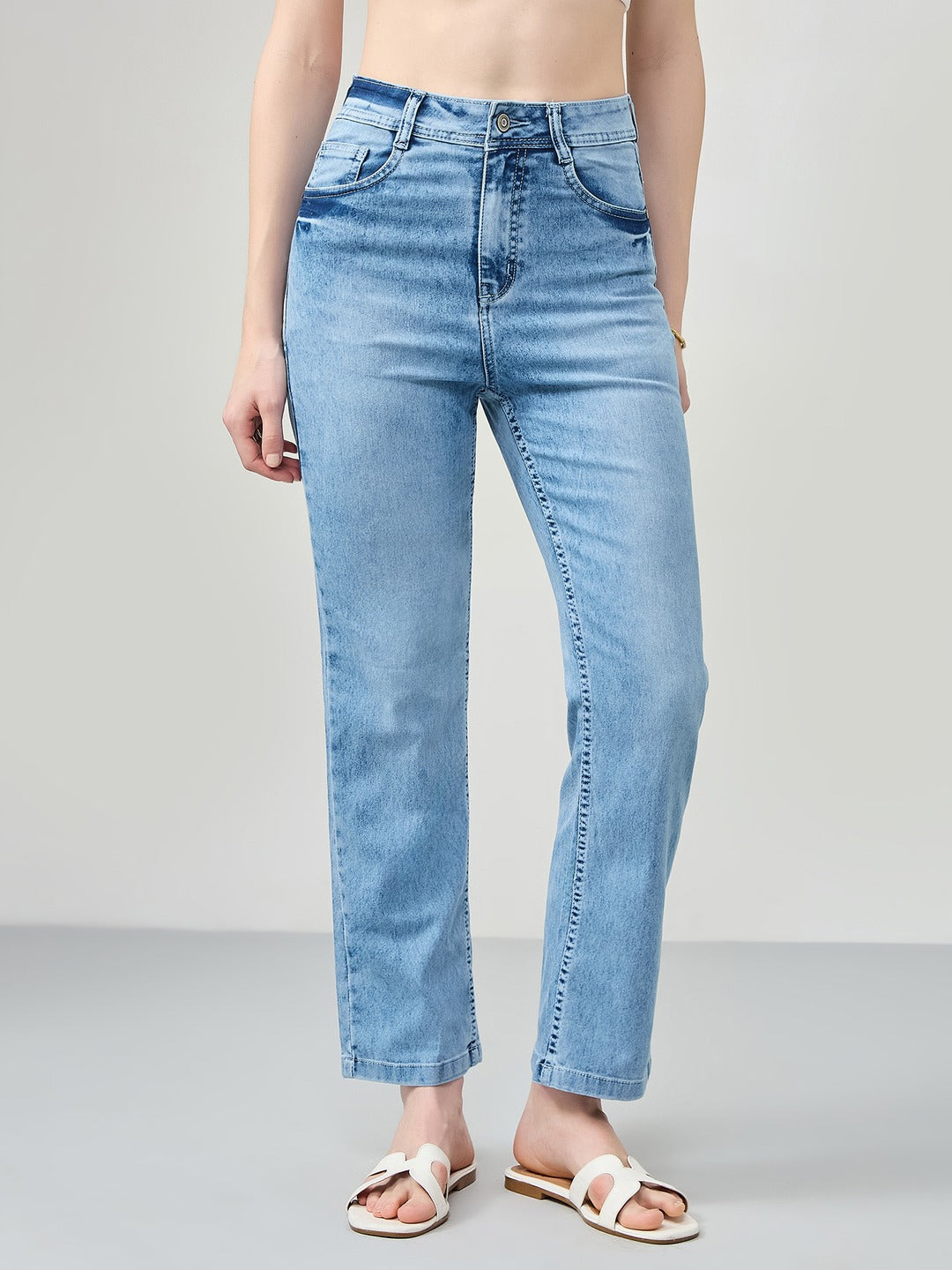 Light Blue Wide-Leg Fit high-rise Stretchable Denim Jeans for Women