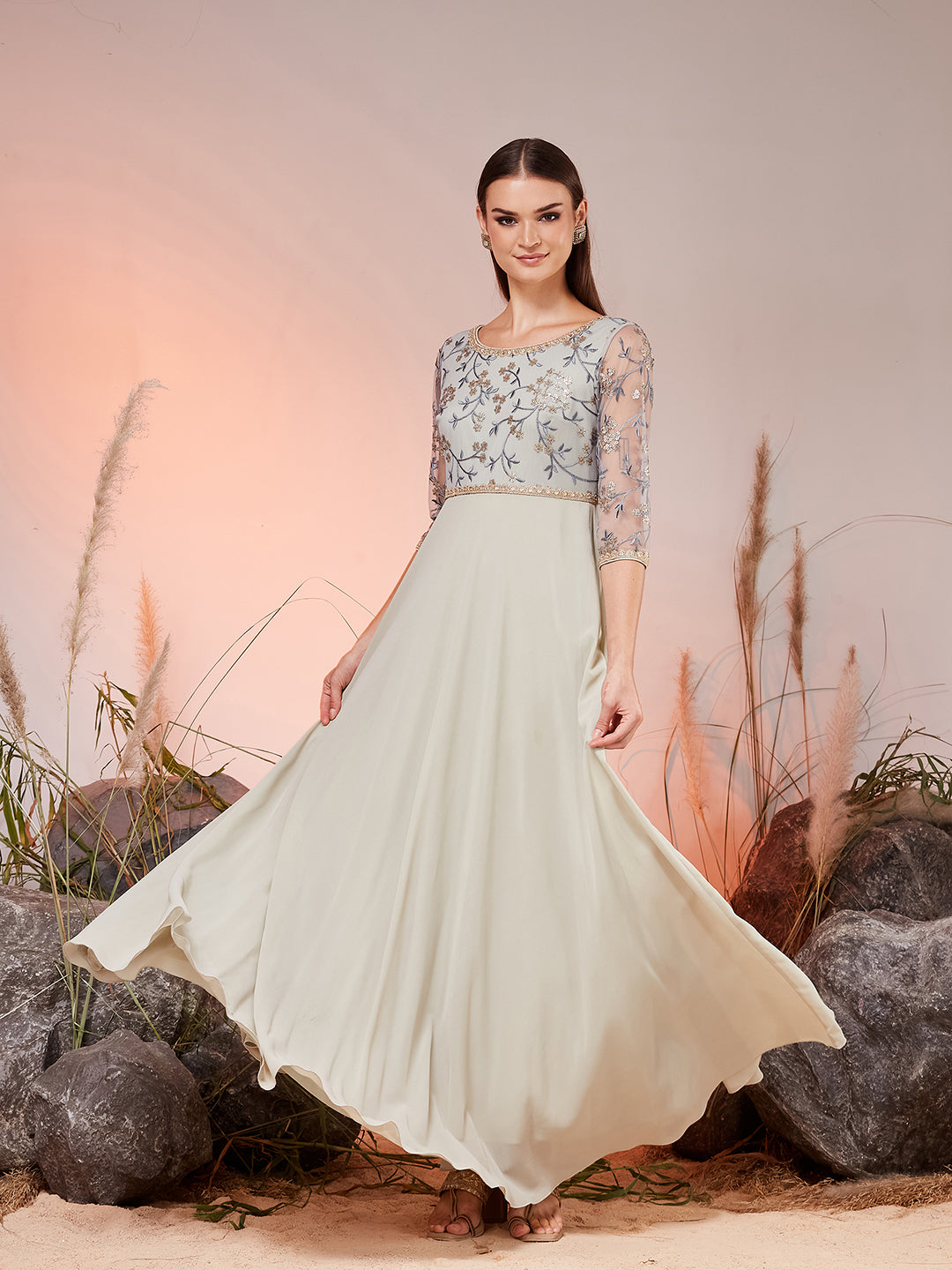 Dusty Green Boat-Neck Illusion Sleeve Embellished Fit & Flare Maxi Georgette Dress for Women