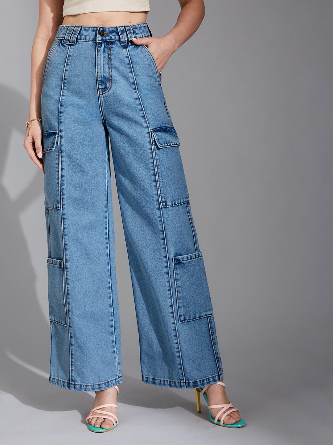 Women's Light Blue Wide-Leg High Rise Regular Denim Pant