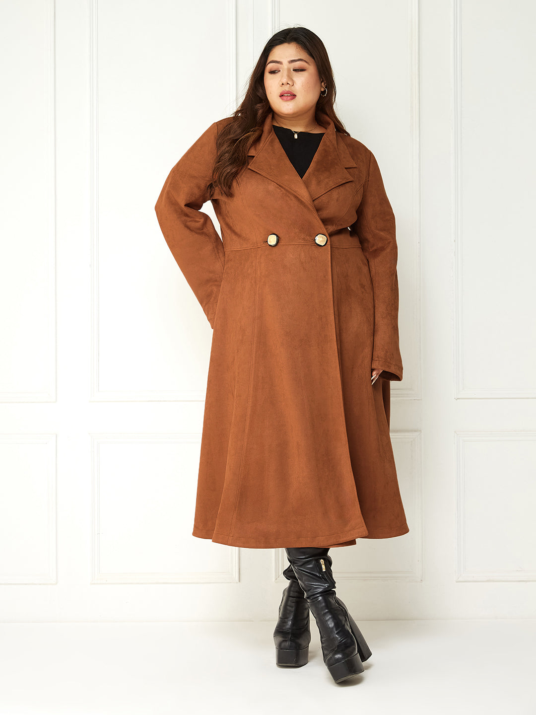 Women's Brown Solid V-Neck Full Sleeves Side Pocketed Polyester Double Breasted Longline Jacket