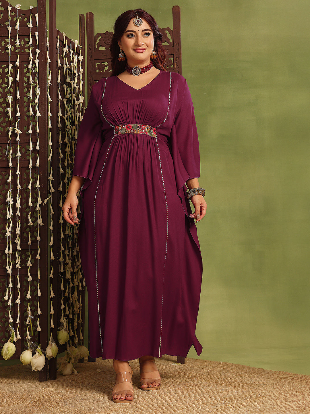 Women's Wine V-Neck Three-Quarters Sleeve Solid Viscose Rayon Maxi Kaftan Dress