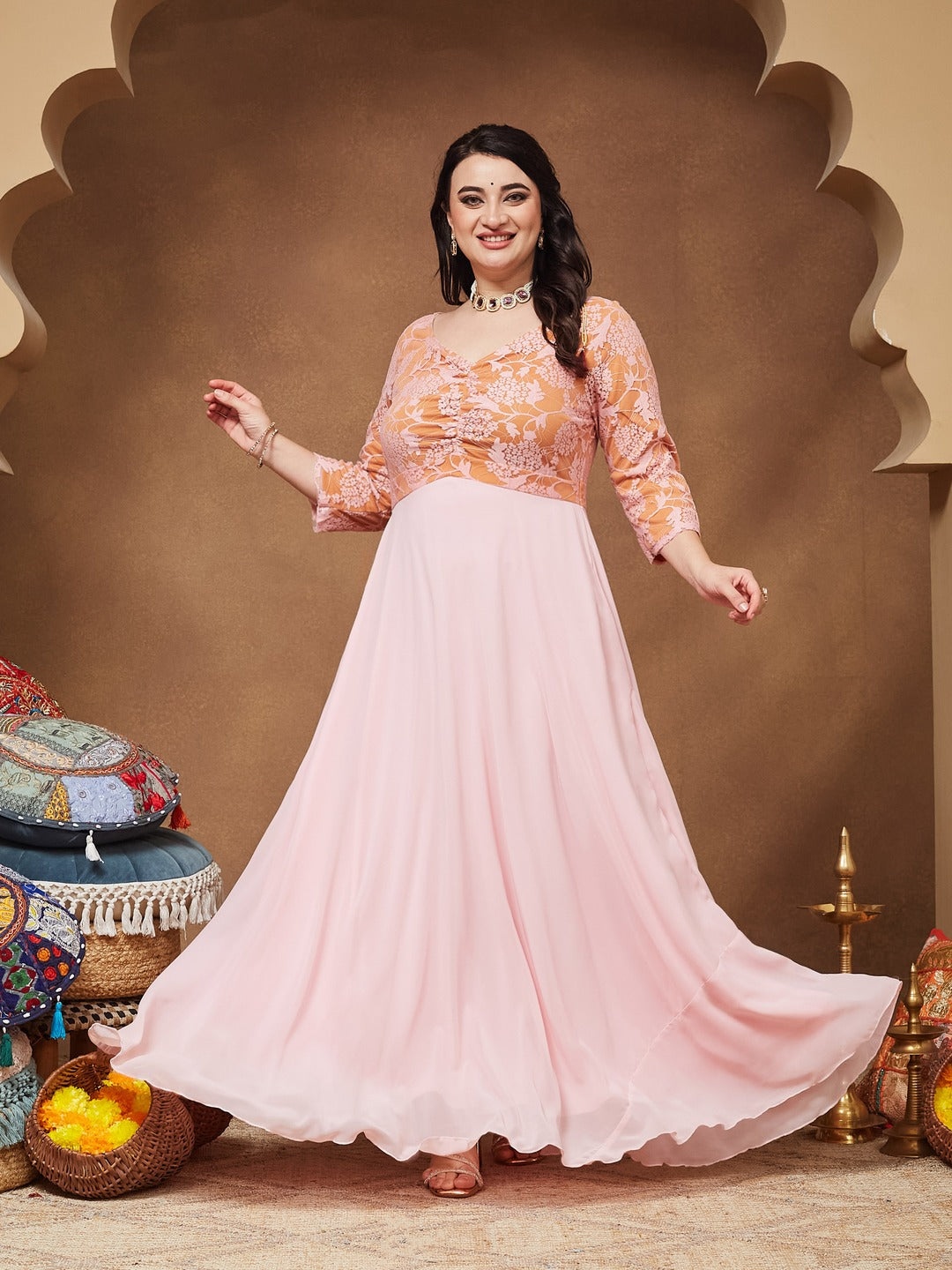 Dusty Pink V-Neck Raglan-Sleeve Self-Designed Empire-Styled Georgette Maxi Dress for Women