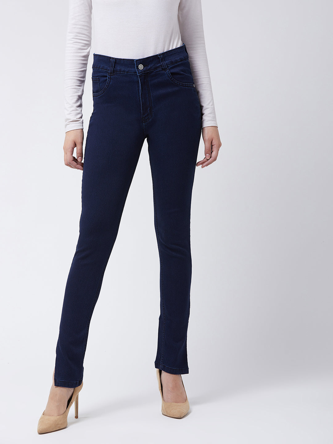 Women's Navy Blue Skinny Fit Mid Rise Cropped Length Side Slit Denim Stretchable Jeans