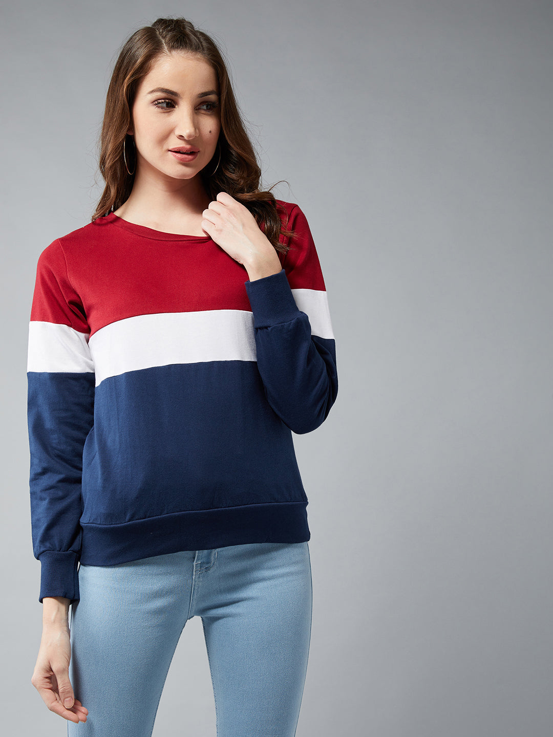 Women's Multicolored With A Navy Blue Base Round Neck Full Sleeves Cotton Solid Boxy Paneled Colorblock Sweatshirt