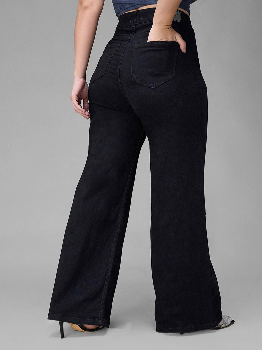 Black Wide Leg High Rise Stretchable Denim Jeans for Women