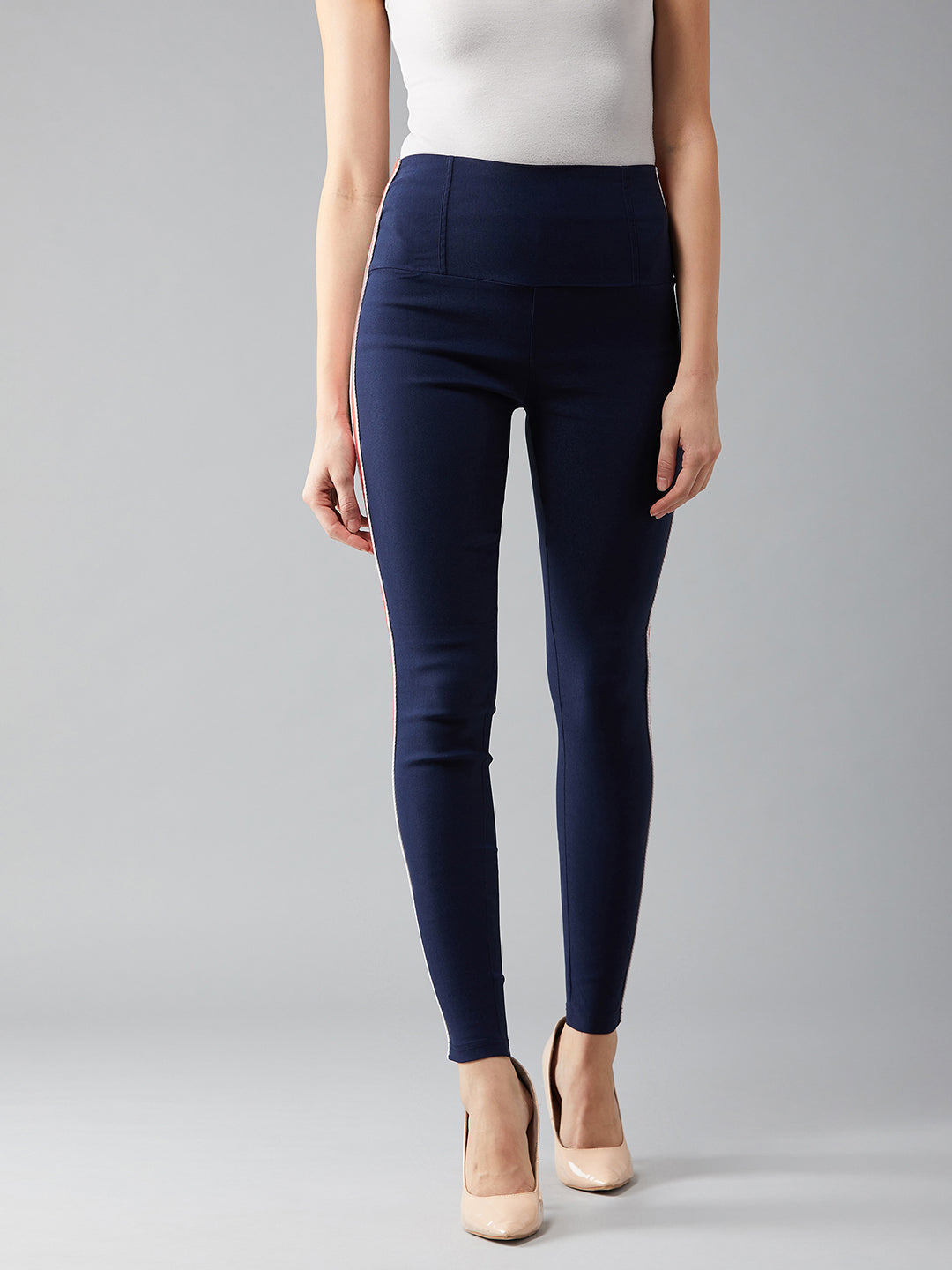 Women's Navy Blue Solid Skinny Knitted Twill Tape Detailing Regular Length High Waist Treggings