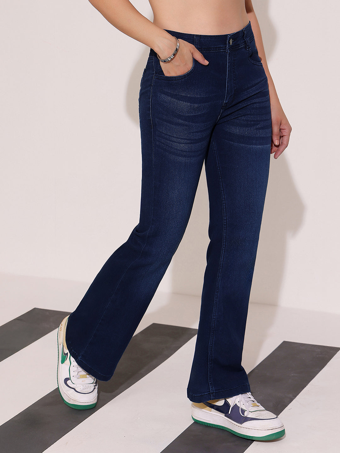 Women's Navy Blue High-Rise Clean-Look Regular-Length Stretchable Flared Denim Jeans