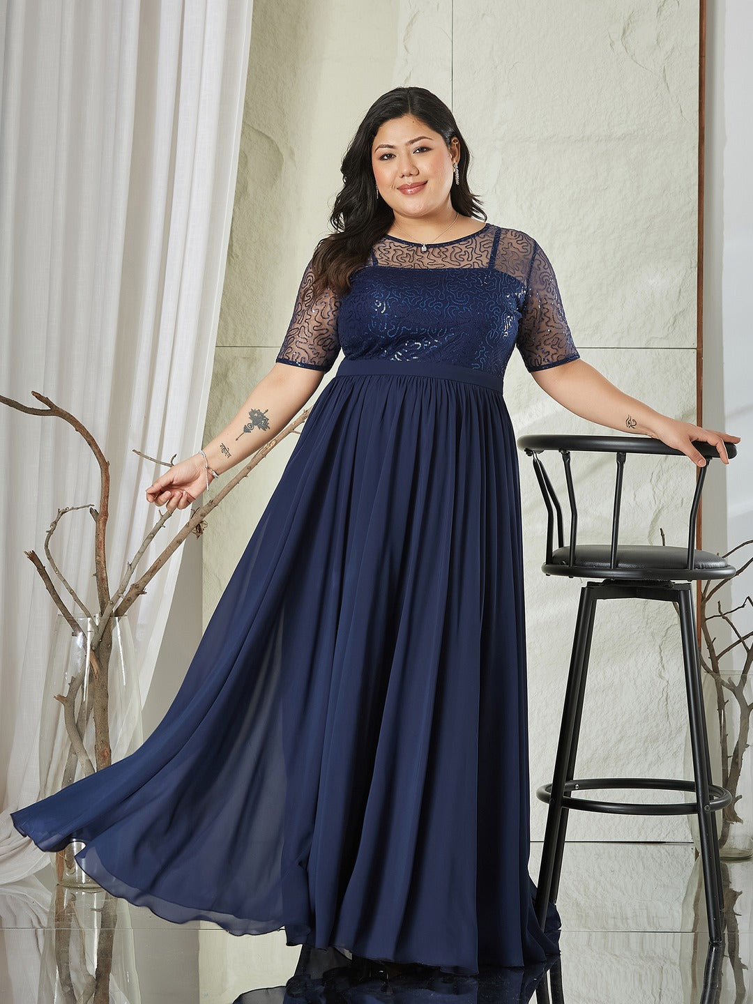 Navy Blue Relaxed Fit Maxi Georgette & Sequins Dress for Women