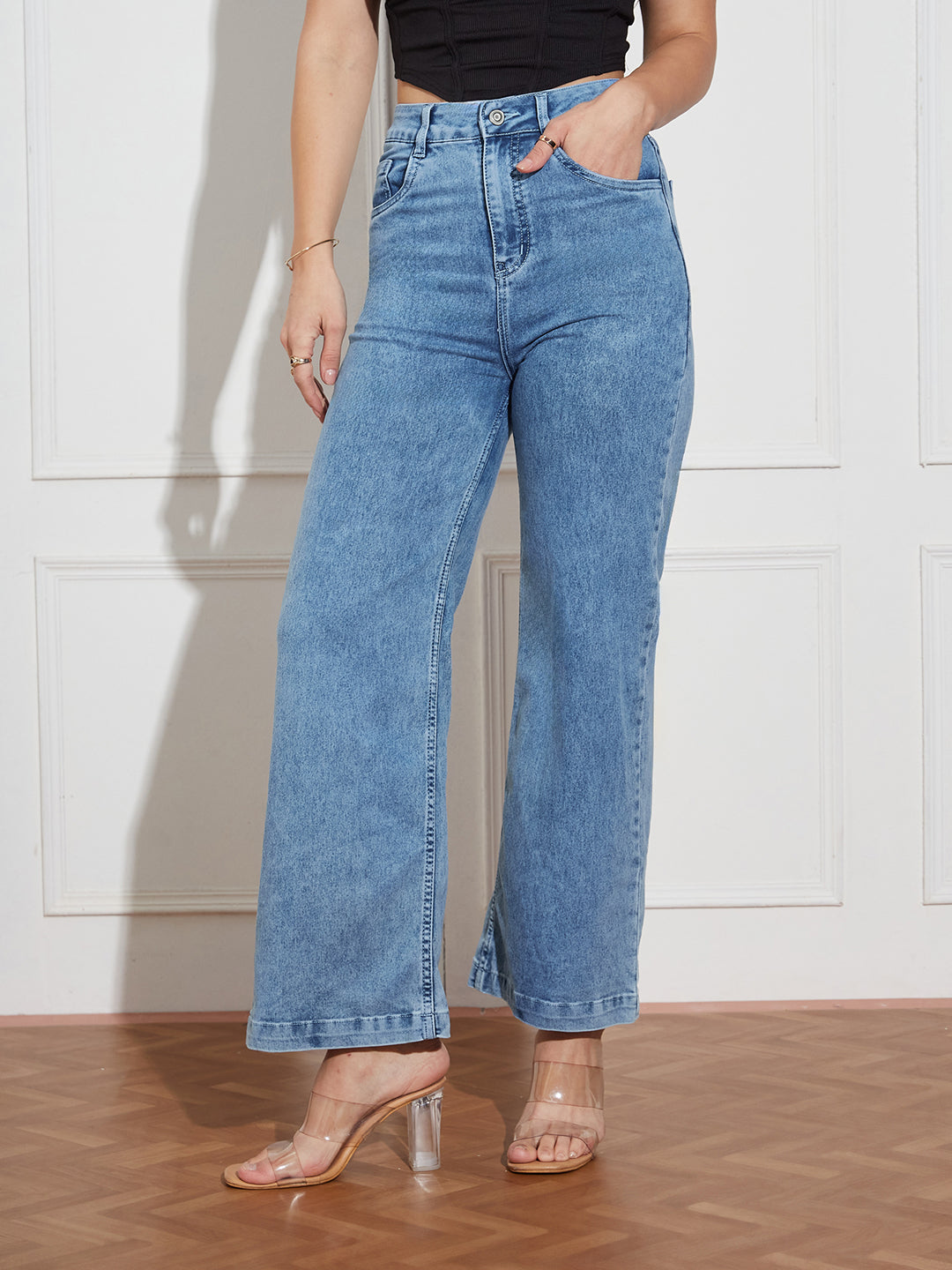 Women's Light Blue Wide-Leg High Rise Clean Look Regular Stretchable Denim Jeans