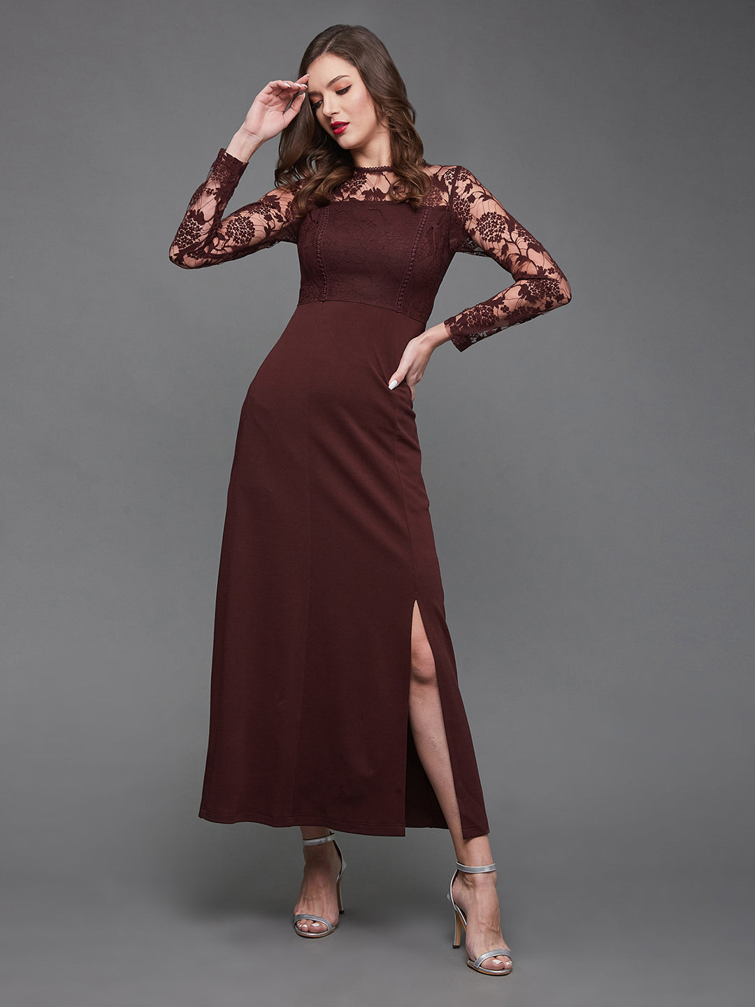 Crease Ease Women's Wine Colored Floral Polyester Slim Fit Round Neck Full Sleeve Maxi Dress