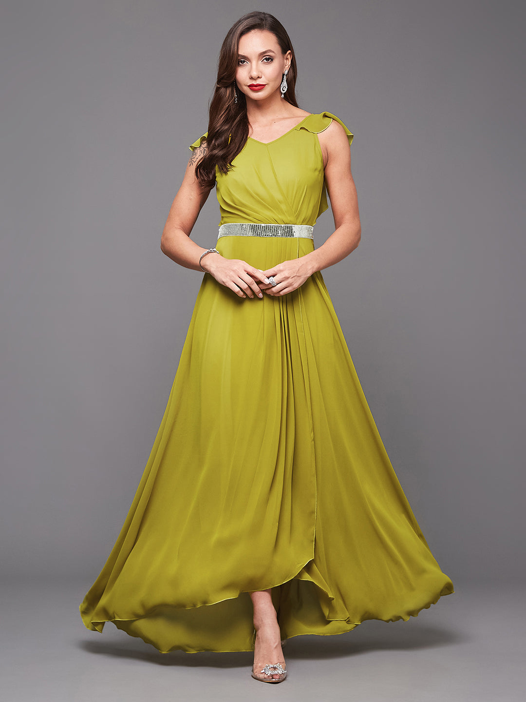 Women's Lemon Green V-Neck Ruffled Sleeve Silver Sequined Party Maxi Dress