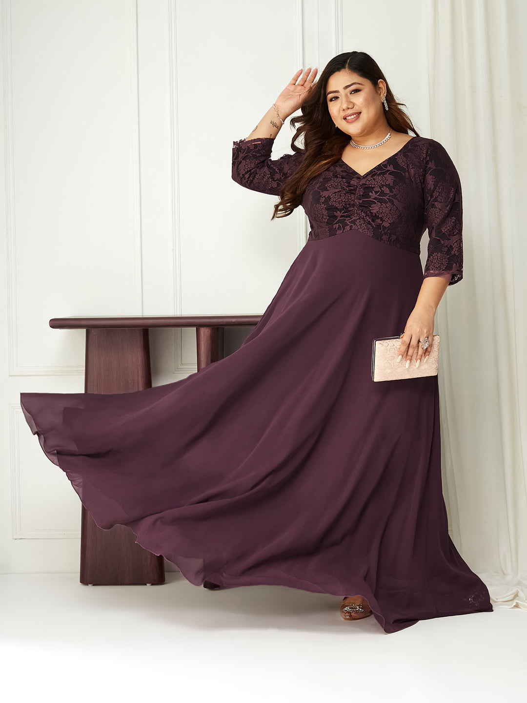 Women's Mauve V-Neck Raglan-Sleeve Self-Designed Empire-Styled Georgette Maxi Dress