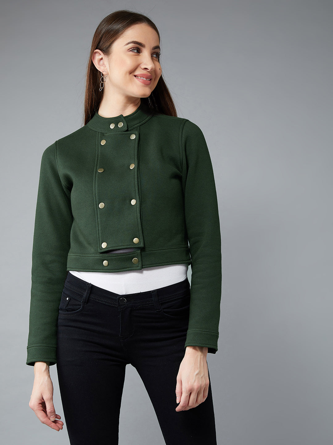 Women's Green Round Neck Full Sleeves Cotton Paneled Cropped Jacket