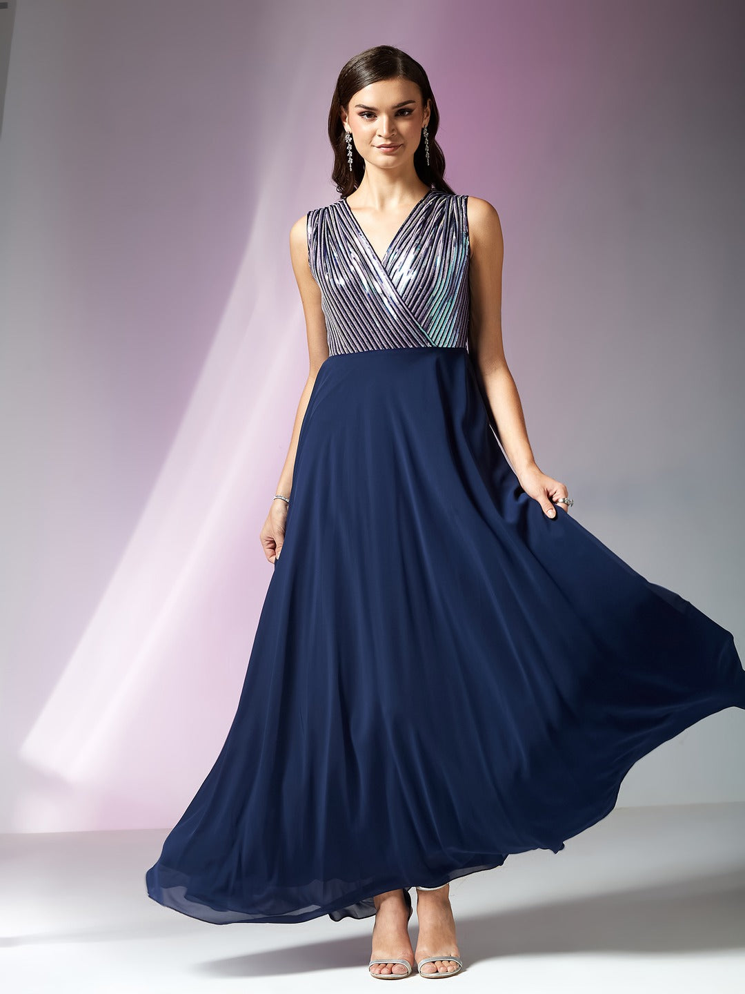 Navy Blue V-Neck Sleeveless Embellished Wrap Maxi Georgette Dress for Women