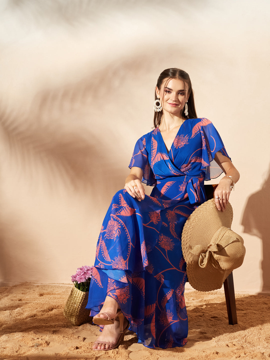 Royal Blue And Coral V-Neck Flared Floral Overlap/Tie-Up Maxi Chiffon Dress for Women