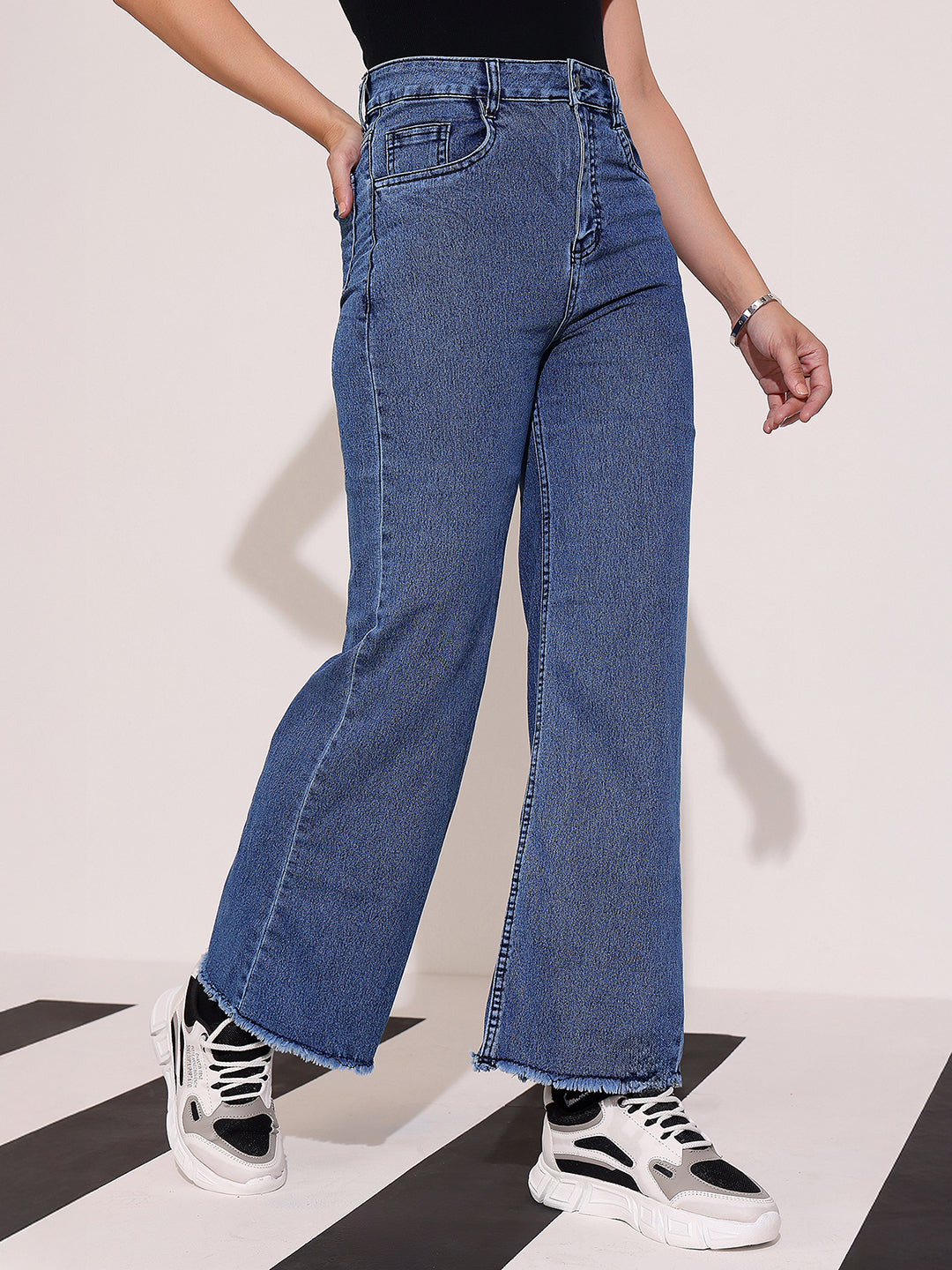 Women's Navy-Blue Wide-Leg High Rise Regular-Length Stretchable Denim Jeans