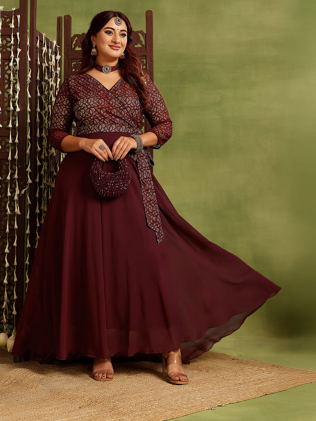 Women's Wine V-Neck Three-Quarters Sleeve Floral Wrap Georgette Maxi Dress