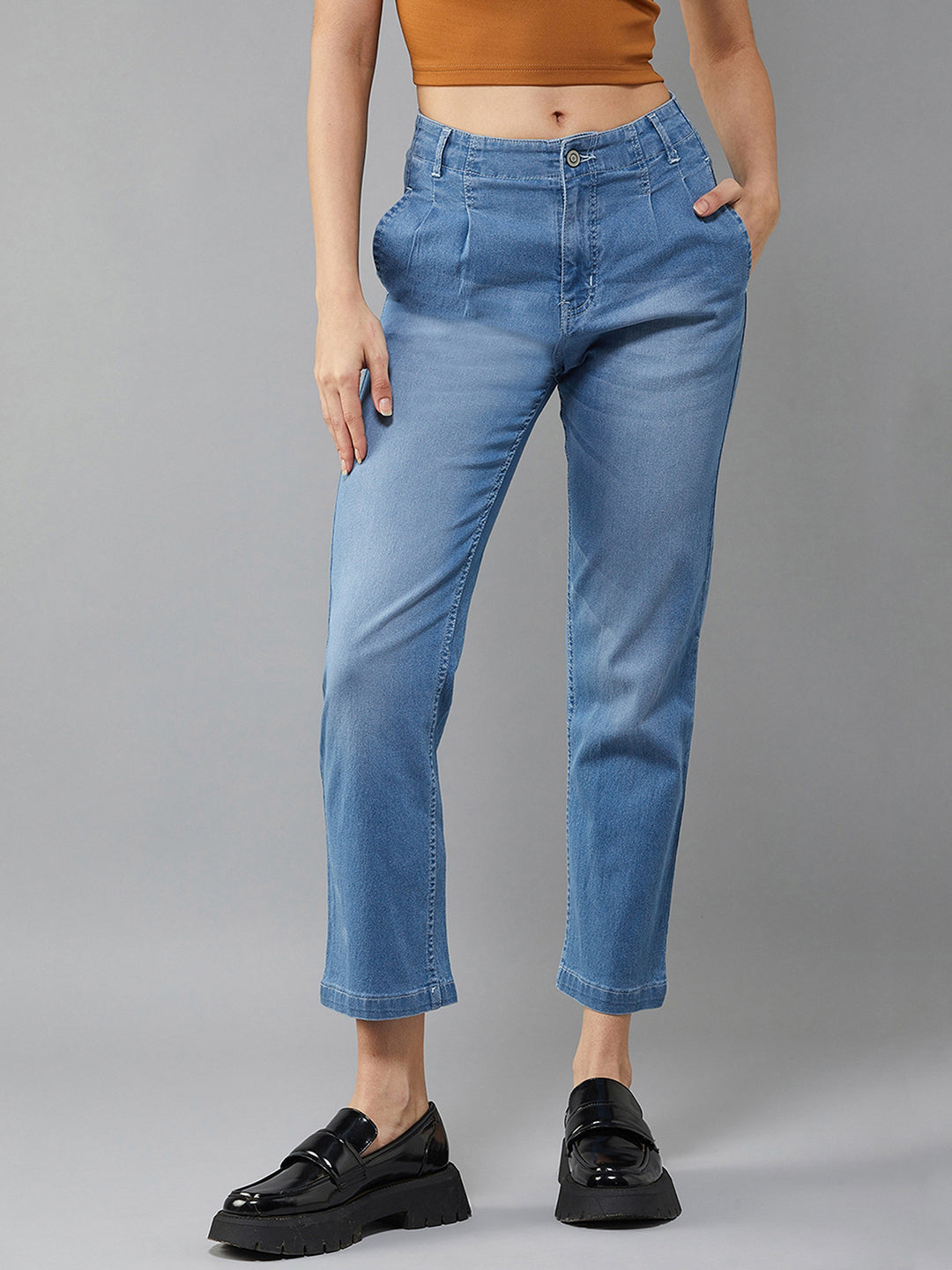 24/7 Comfort Mid Blue Straight High Rise Stretchable Denim Jeans