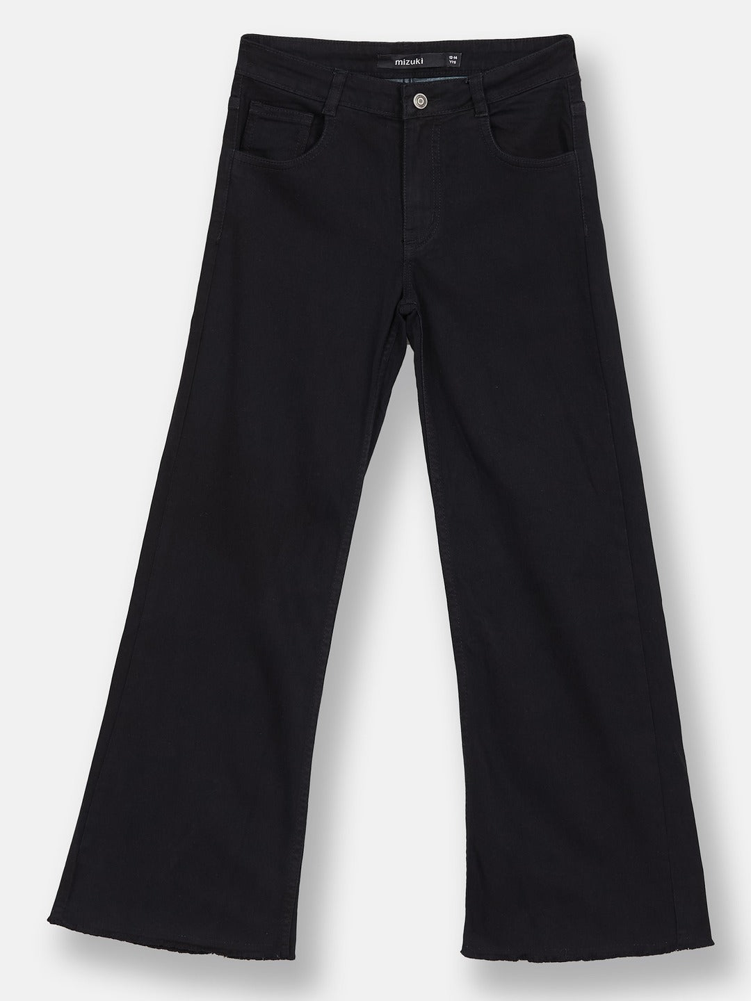 Black Wide-Leg High-Rise Clean-Look Regular-Length Stretchable Denim Jeans for Girls/Teenagers