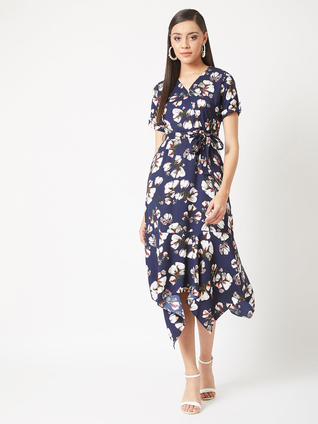 Women's Multicolored V-Neck Half Sleeve Floral Midi Belted Wrap Dress