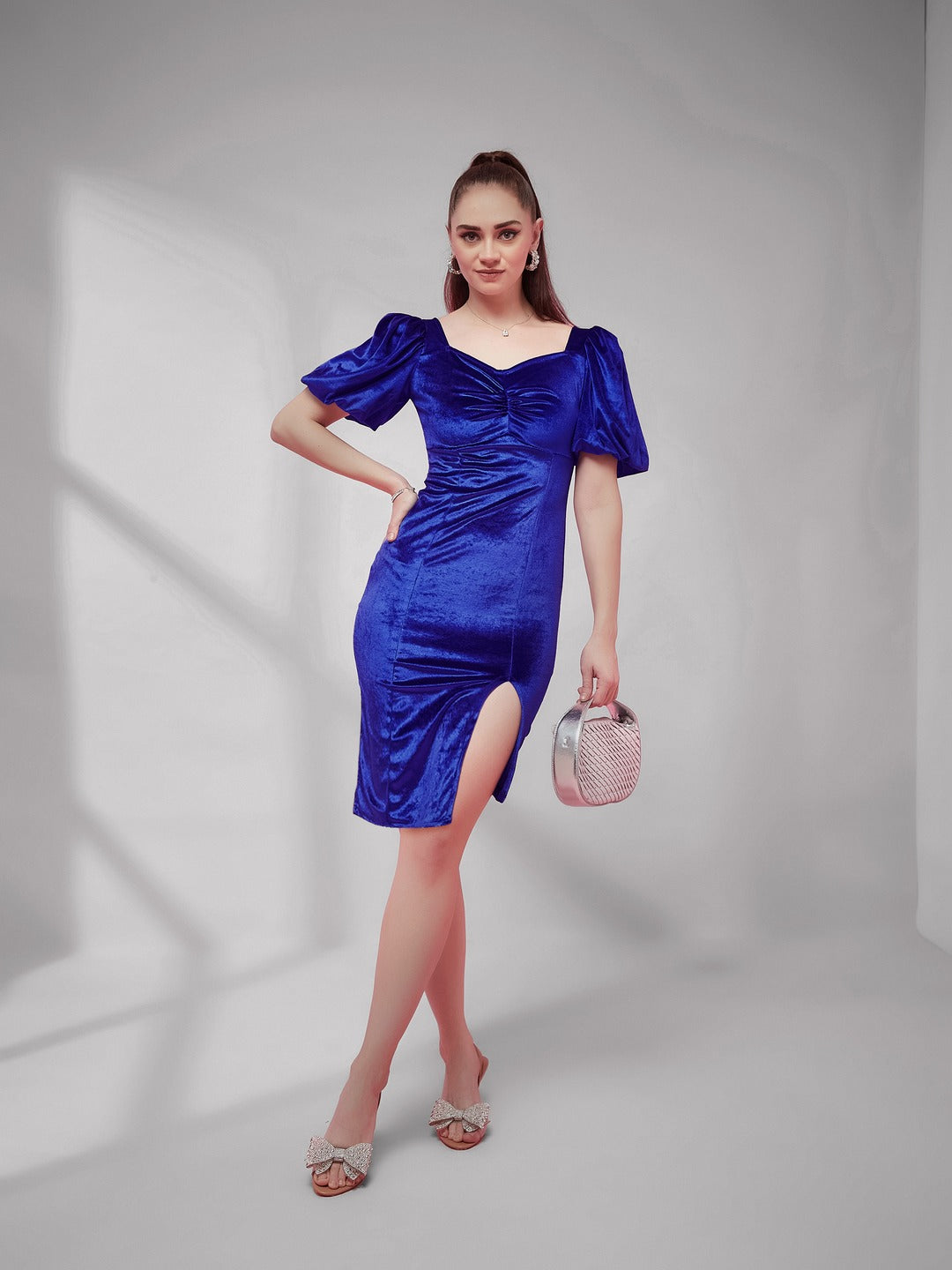 Royal Blue-Colored Sweetheart Neck Half Sleeve Solid Bodycon Knee-Long Velvet Dress for Women