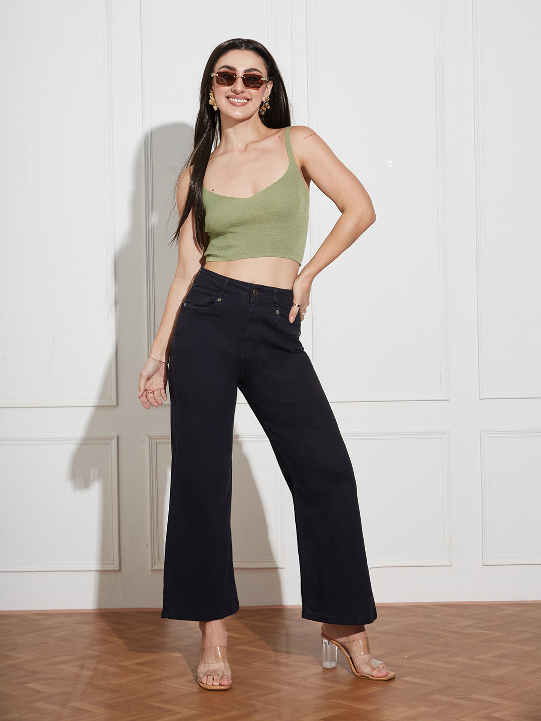 Black Wide-Leg High Rise Clean Look Regular-Length Stretchable Denim Jeans for Women