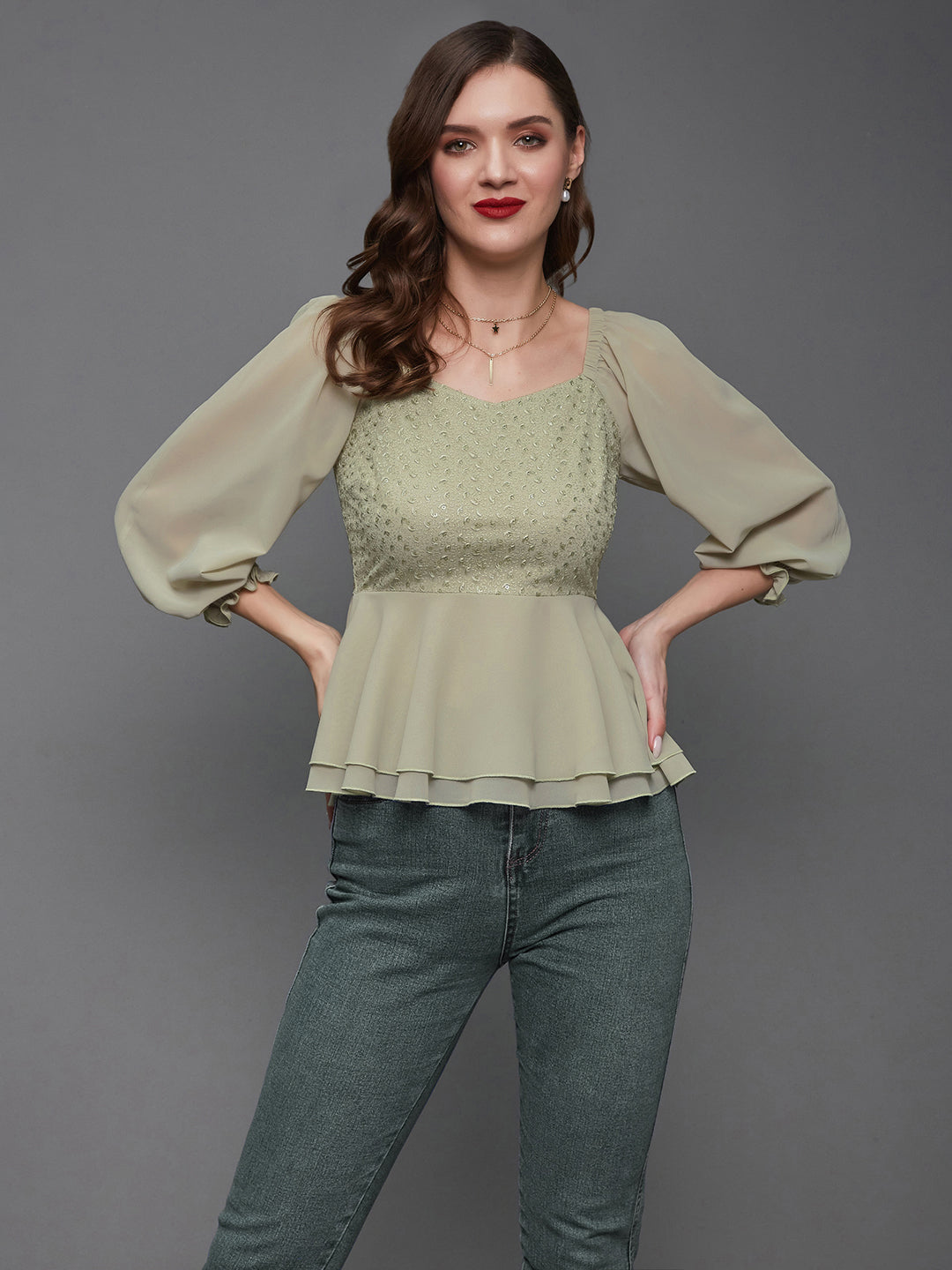 Women's Dusty Green Sweetheart Neck Bishop Sleeve Embellished Peplum Georgette Regular Length Top