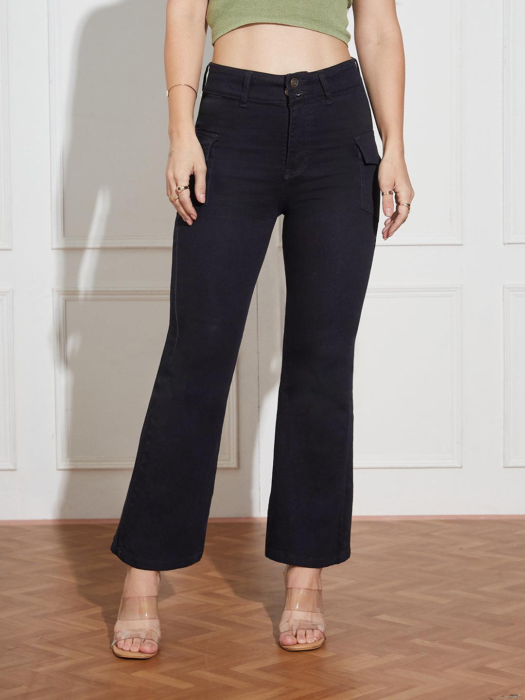 Women's Black Bootcut High Rise Clean Look Regular Length Stretchable Denim Jeans